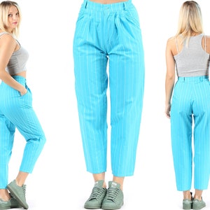 Wide Leg Trousers Pleated Striped Pants 90s Baggy Pants High Rise High Waist Cotton Pants Vintage Loose Blue White Trousers Small
