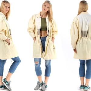 90s Cotton Windbreaker Jacket Yellow Jacket Drawstring Waist Longline Jacket Sportswear Jacket Zip Up Long Jacket 1990s Oversized Large