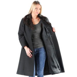 Laine Mod Manteau Noir Fourrure Col Manteau 60s Manteau d’hiver vintage Manteau classique Années 1960 Vêtements Genou Midi Manteau Noir Doublé Chaud Vêtements d’extérieur Large