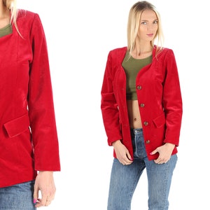 Red Collarless Jacket Coat 80s Velvet Jacket Christmas Blazer Jacket Tailored Vintage Jacket Sweetheart Neckline Bright Red Jacket Medium
