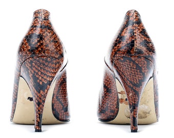 Snakeskin Heels Pumps Women's Stiletto Heels 1980s Fashion Brown Reptile Print Pumps Italian Shoes High Heels Leather Sole US 6.5 EU 37 UK 4