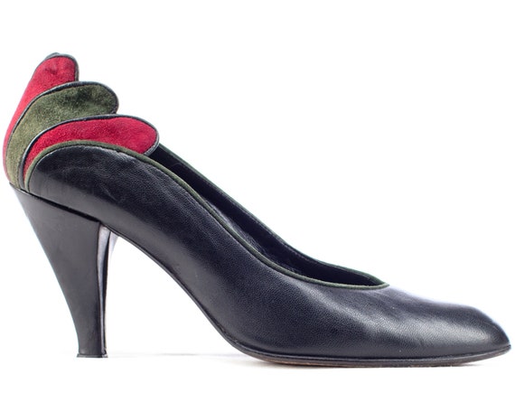 Vintage Suede Heels Pumps 80s Black Stilettos Party Shoes Luxury Red Green Patchwork Details High Heels Shoes Leather Sole US 6.5 EU 37 UK 4
