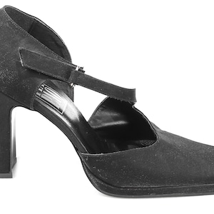 Mary Janes Schwarze Vintage 90er Jahre Träger Schuhe offene Seite Absatz Schwarz Hochzeit Textil schuhe Square Toe Sommer Schuhe US 7,5, Eur 38,5, UK 5