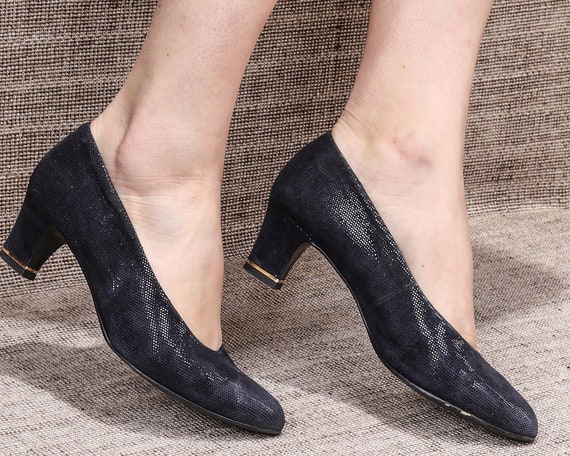 Navy Pumps Suede Heels Snakeskin Vintage 80s Dark Blue Pumps Wide Fit Heels Elegant High Quality Pumps Leather Sole US 7 EU 37.5 UK 4.5