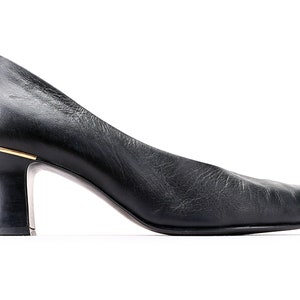 Black Heels Closed Toe 90s Vintage Leather Black Pumps Stable Heel Lady Office Shoes Formal Footwear Retro Business Pumps UK 5 US 7.5 EU 38