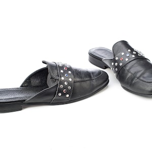 Black Leather Mules Studded 90s Vintage Sliders Slingback Summer Sandals Chunky Low Heel Regular Fit Mules US 7.5 EU 38 UK 5