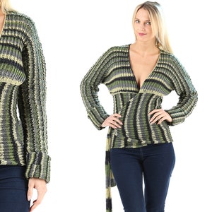 Green Wrap Cardigan 70s Boho Sweater Ribbed Knit Cardigan Vintage 1970s Cardigan Retro Bohemian Handknit Sweater Belted Cardigan size Small