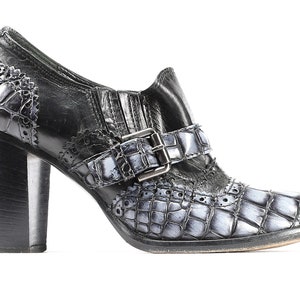Crocodile Shoes Chunky Heels Loafers 90s Heeled Croc Print Shoes Gray Stretchy Sides Block Heel Shoes Buckle Loafers EU 36.5 UK 4 US 6.5