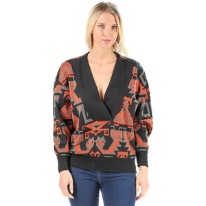 70s Women Sweater Aztec Print Knit Jumper V-Neck Boho Sweater Brown Bohemian Knitted Retro Pullover Ribbed Knit Wear Vintage Clothing Medium