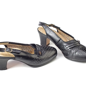 Retro Mules Sandals Heels 70s Slingback Chunky Heel Shoes Round Toe Mules Leather Sole Block Sandals Heel Regular Fit US 5 EU 35 UK 2.5