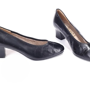 Black Pumps Party Heels 80s Vintage Leather Narrow Fit Pumps High Heel Shoes Chic Elegant Almond Toe Leather Pumps US 7  EU 37.5 UK 4.5