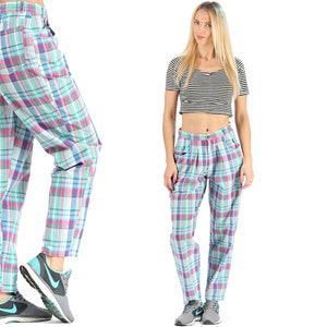 Straight Leg Pants Plaid Trousers 80s High Rise Waist Pants Vintage Tapered Rainbow Trousers Checked Peg Leg Pants  Pleated Medium W 30