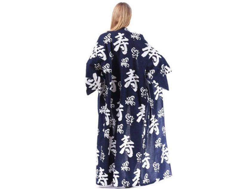 Cotton KIMONO Robe 90s Festival Japanese Hieroglyphs Print Cotton Navy