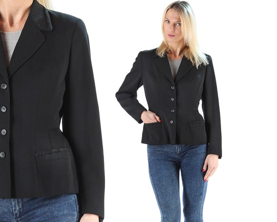 Black Office Jacket Wool 90s Women Fitted Sexy Mi… - image 1