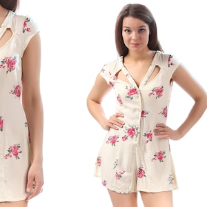 90s Romper Floral White Playsuit Pink Flowers V Neck One Piece Woman High Waist 80s Mini Vintage Wide Leg Shorts Short Sleeve Small