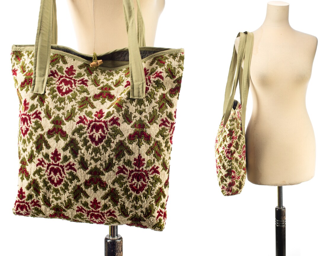Tapestry Tote Bag Green Red Wool Bag 70s Vintage Lap Top Case Market