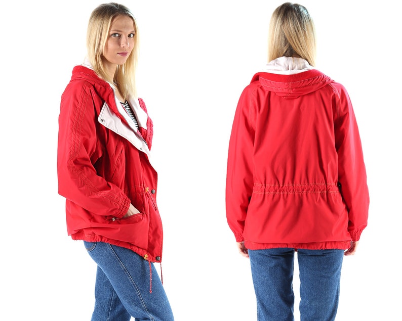 90s Ski Jacket Red Hood Jacket Zip up Jacket Vintage Red Windbreaker
