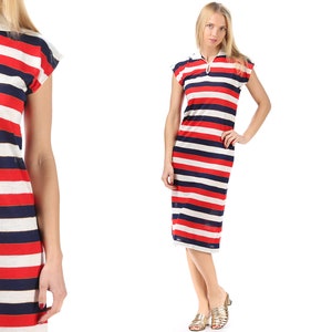 70 Striped Tank Dress Knit Midi Sun Dress Mod Shift Red White Blue Summer Dress 4 July Retro Vintage Knitwear 1970s Twiggy Dress Medium