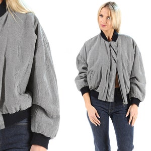 Vintage Bomber Jacket Gray 90s  Black White Gingham Bomber Jacket Unisex Vintage Crop Blazer Zip Up Cropped Jacket Cotton Jacket Large
