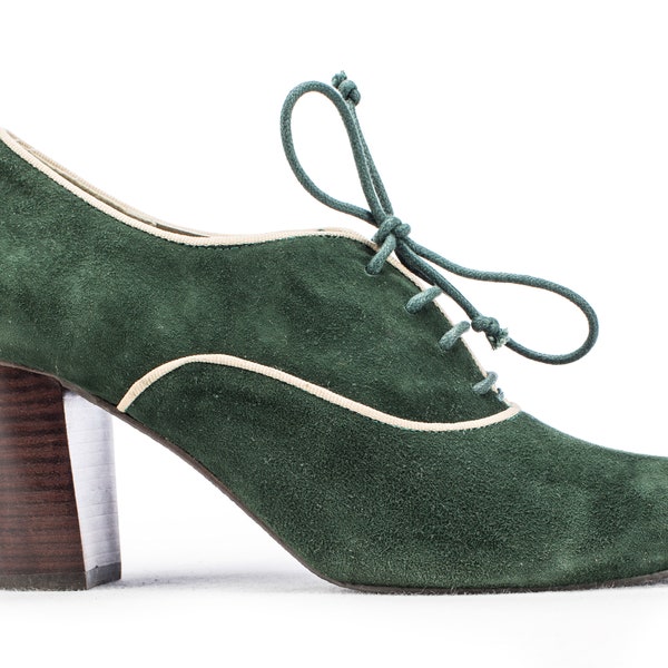 Vintage Oxfords Shoes Green Suede Y2K Forest Green Heels Retro Office Shoes Lace Up Shoes Block Heel Brogues Tomboy Shoes US 7.5 EU 38 Uk 5