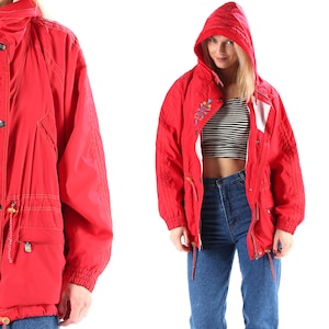 90s Ski Jacket Red Hood Jacket Zip Up Jacket Vintage Red Windbreaker Puffy Coat Retro Skiwear Streetwear Vintage Ski Coat Hooded Jacket XL