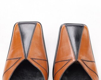 Square Toe Pumps Heels 80s Vintage Brown High Heel Two Tone