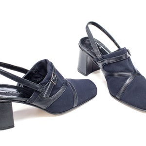 Black Mules Sandals Vintage 90s Black Slip On Textile Shoes Block Heel Goth Shoes Leather Sole Round Toe Black Heels US 6 UK 3.5 EU 36