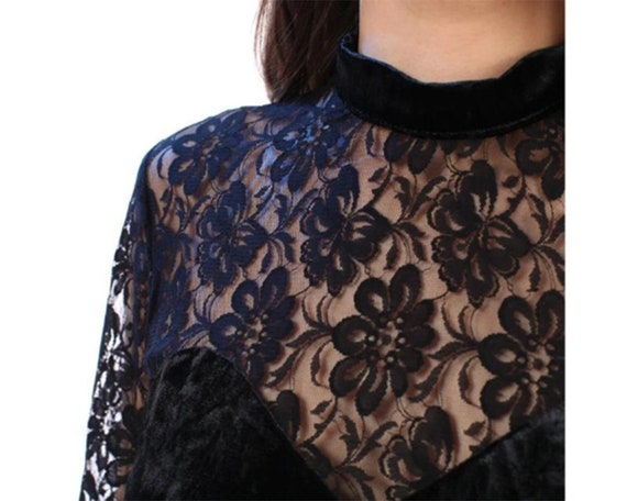 Velvet Party Dress 80s Black Illusion Neckline Mi… - image 2