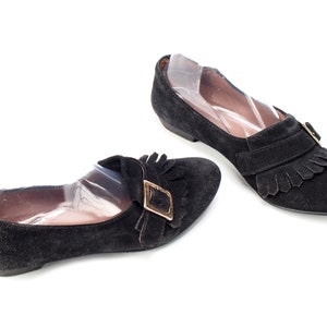 Black Suede Ballerinas Shoes 90s Suede Leather Flats Ballet Flats Monk Strap Shoes Fringe Almond Toe Gold Buckle US 7, UK 4.5 , EU 37.5