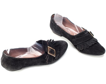 Black Suede Ballerinas Shoes 90s Suede Leather Flats Ballet Flats Monk Strap Shoes Fringe Almond Toe Gold Buckle US 7, UK 4.5 , EU 37.5