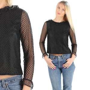 Crop Blouse Lace Blouse Sheer Sleeves 60s Cropped Shirt Vintage Boho Blouse Ruffled Collar Party Blouse Cocktail Top Long Sleeve Medium