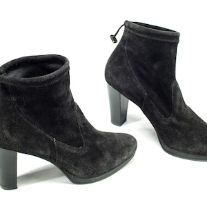 Vintage Ankle Boots Black 90s Black Suede Boots Paul Green Boots Pull On Suede Gothic Boots Stretchy Inlays High Heel Pull US 7.5 UK 5 EU 38