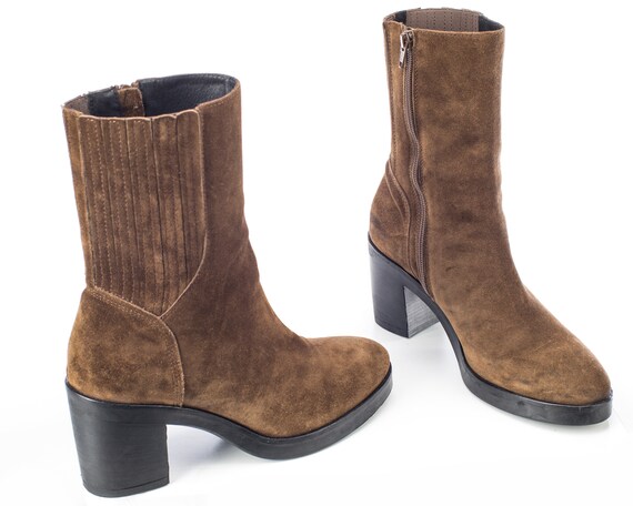 Brown Chelsea Boots VIA VAI Y2K Block Heel Half Boots Brown Suede Boots Comfortable Fit Suede Boots Stretchy Sides Us 9 5 Uk 7 Eu 40 Etsy UK