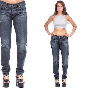Ralph Lauren Straight Jeans 2000s Slim Fit Blue Distressed Frayed Slim Fit Jeans Lowered Waist Button Fly Jeans Dark Wash Jeans Medium