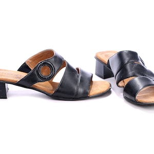 Block Heel Sandals Vintage 90s Black Leather Mules Slip On Sandals Leather Sliders Summer Shoes Open Toe Mules Chunky Heel US 6.5 UK 4 EU 37