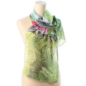 Green Chiffon Scarf 90s Jungle Print Scarf Sheer Scarf Vintage Botanical Print Neck Scarf Sheer Summer Scarf Long Green Scarf Gift for Her