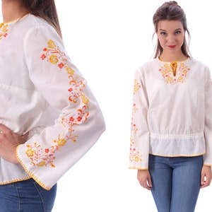 Embroidered Boho Top White 70s Tunic Top Hippie Shirt Bohemian Blouse Long Sleeve Light Summer Top Vintage Boho Festival Style Medium