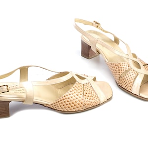 Beige Leather Sandals Square Toe 90s Vintage Sliders Slingback Shoes Square Toe Heels Chunky Stacked Heel Mules US 10.5 EU 42 UK 8