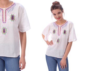 Hand Embroidered Ethnic Blouse 70s White Gauze Mexican Shirt Tunic Top Vintage Ethnic Shirt Hippie Cotton Semi Sheer Folk Blouse Medium