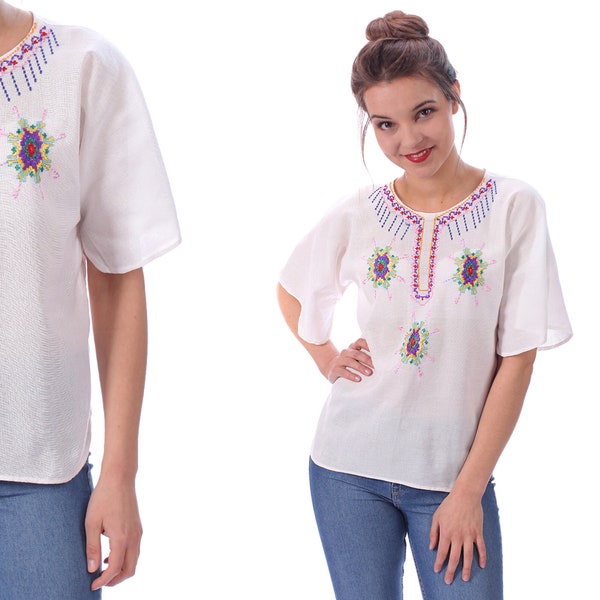 Hand Embroidered Ethnic Blouse 70s White Gauze Mexican Shirt Tunic Top Vintage Ethnic Shirt Hippie Cotton Semi Sheer Folk Blouse Medium