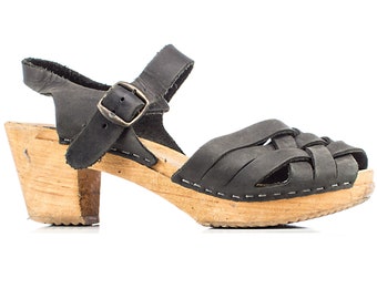 Swedish Wood Clogs Platforms 90s Moheda Black Scandinavian Woven Sandals Sweden Braided Leather Wood Clogs Mules Us 6.5 UK 4 EU 37