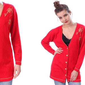Red Cardigan Sweater 80s Gold Embroidery Sweater Knit Sweater Button Up 1980s Grandpa Plain Slouchy Vintage Retro Button Down Small