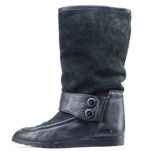 Black Suede Snow Boots 70s Eskimo Boots Monk Strap Vintage Retro Snow Boots Slouch Insulated Winter Pull On Booties US 5.5 EU 35.5 UK 3