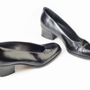 Black Pumps Leather Heels 80s Block Heel Shoes Black Leather Pumps Formal Shoes Leather Sole Heels Vintage Wedding Pumps US 6.5 EU 37 UK 4