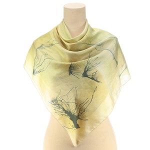 Green Silk Scarf Art Kerchief 90s Brush Strokes Silk Scarf Moms Gift Bohemian Neck Scarf Hand Rolled Edges Square Christmas Gift