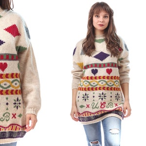 Wool Geometric Sweater 90s White Striped Sweater Vintage Knit Jumper Geometric 1980s Boho Vintage Pullover Warm Retro Sweater Winter Large