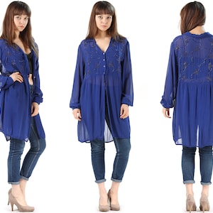 Sheer Chiffon Jacket Oversized Beaded 90s Longline Blouse Blue Vintage Bead Embellished Top Kimono Jacket See Through Oversized Top Large
