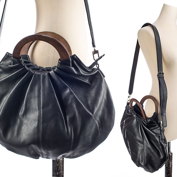 Crossbody Leather Hobo Bag Y2K Bohemian Black Pleated Bag Round Wood Handles Bag Vegan Bag Vintage Faux Leather Shoulder Bag Large Roomy Bag