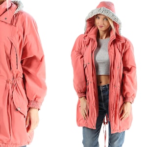 Pinke Parka Jacke Vintage 90er Longline Parka Mantel Zip Up Mantel Oversized Jacke 80er Rosa Oberbekleidung Mantel Kapuzenjacke Gefüttert Jacke Medium