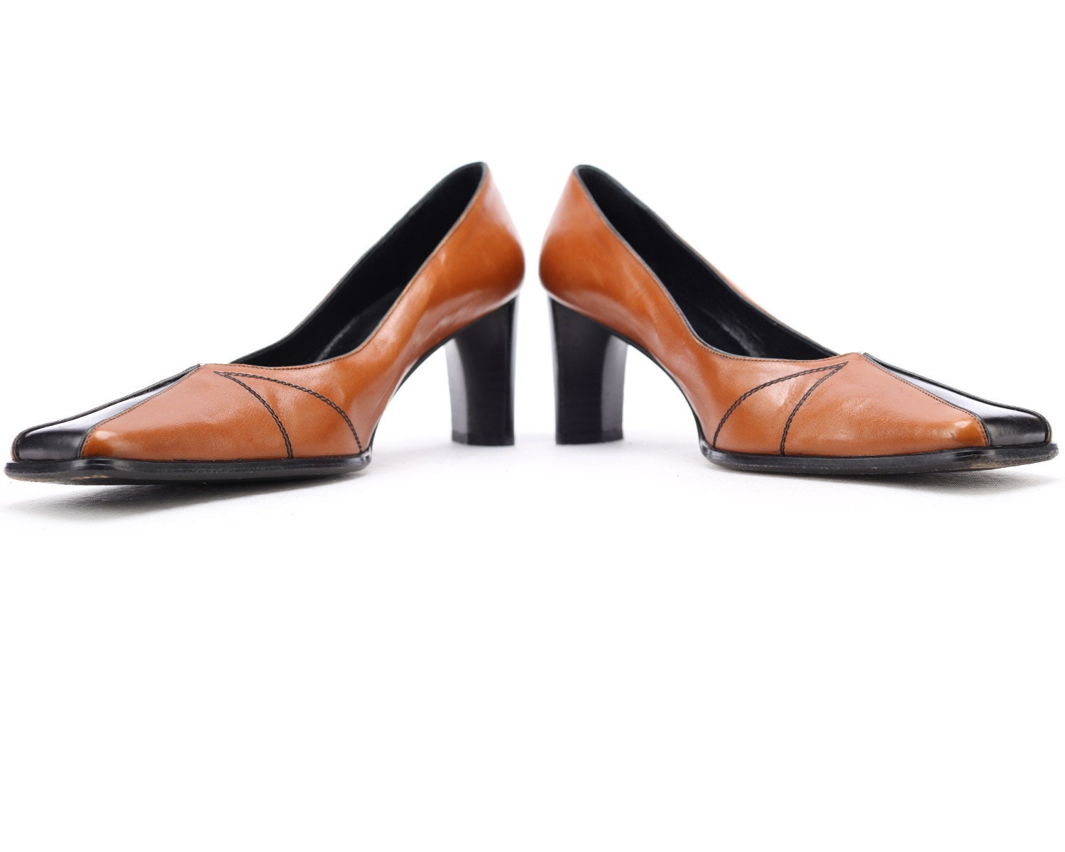 Square Toe Pumps Heels 80s Vintage Brown High Heel Two Tone